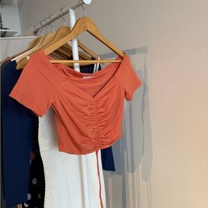 Kookai Coral Ruched Off-Shoulder Crop Top